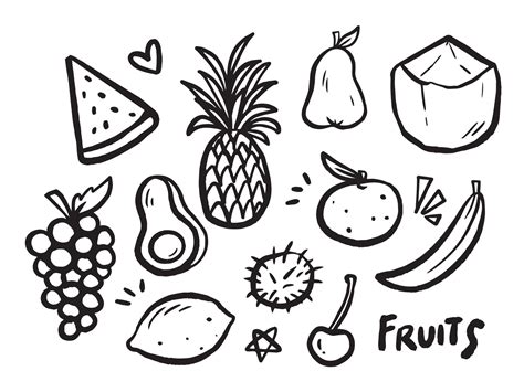 Black and white outlined fruits vector illustration isolated on horizontal landscape template ...