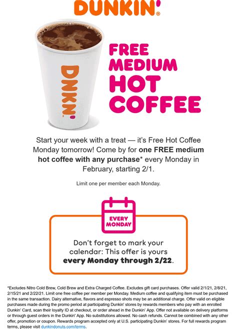 Free medium coffee Mondays for loyalty members at Dunkin Donuts # ...