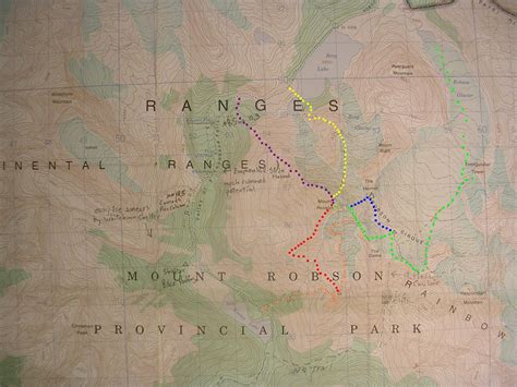 Mount Robson Climbing Routes contour interval: 100 feet one kilometer grid Red - Wishbone Arete ...