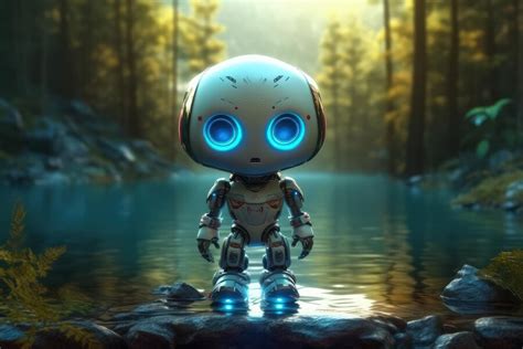 Premium AI Image | Cute Cartoon Cyborg With Very Big Eyes And Pitying Gaze A Forest With A ...