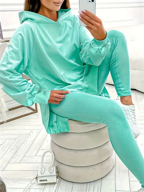 Solid Casual Two piece Set Split Long Sleeve Hooded Tops - Temu