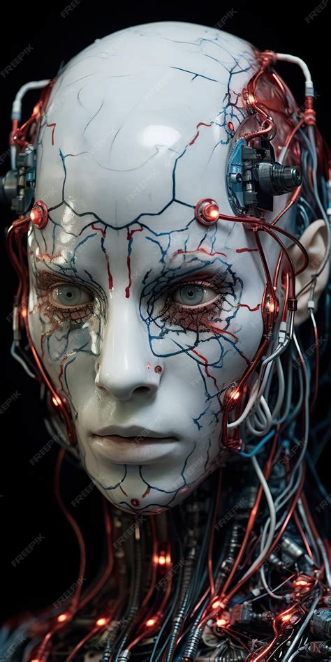 Premium Photo | Silicon Robotic Human Face with Wires and Optical Fiber