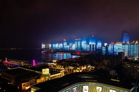 June 2018 - Qingdao, China - the New Lightshow of Qingdao Skyline ...