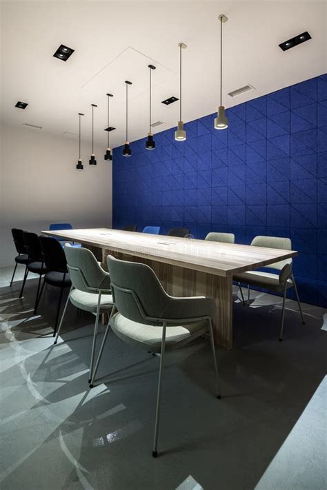 Stylish Conference Room with Gray and Blue Walls Stock Photo - Image of indoor, discussion ...