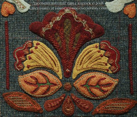 Wool Applique Pattern Kit Embroidery “Jacobean Autumn” table runner candle mat primitive dyed ...