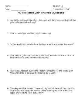 “The Little Match Girl” Analysis Questions by Lucano ELA | TpT