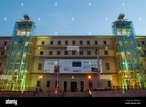 Facade of Art Center Reina Sofia National Museum, night view. Madrid ...