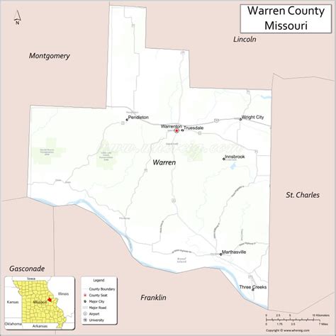 Map of Warren County, Missouri showing cities, highways & important ...