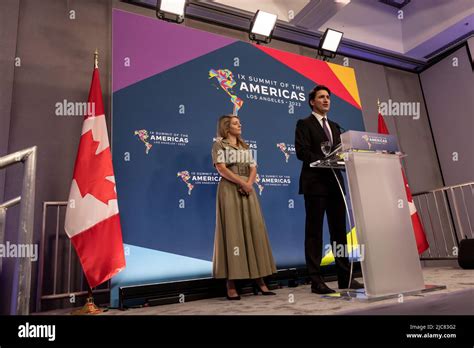 Summit of the Americas conference. Justin Trudeau, Prime Minister of Canada, with Melanie Joly ...