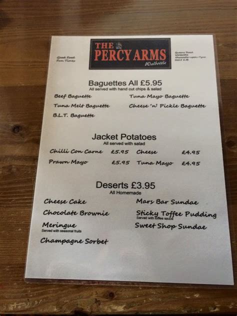 Menu at The Percy Arms Walbottle pub & bar, Newcastle upon Tyne, Queens Rd