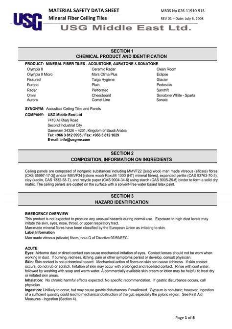 MATERIAL SAFETY DATA SHEET Mineral Fiber ... - USG Middle East