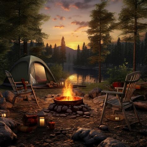 Premium AI Image | Fireside Haven A Serene Camping Setup Surrounded by Nature's Beauty