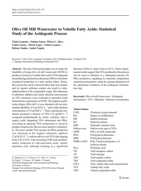 (PDF) Olive Oil Mill Wastewater to Volatile Fatty Acids: Statistical ...