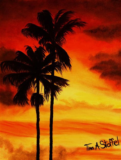 11×14 Red Sunset Palm Trees Oil Painting – Tina A Stoffel Arts