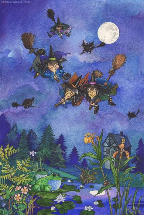 Halloween - witches painting - mounted print of original watercolour/gouache/ink painting ...