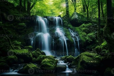 beautiful waterfall in the green forest. generative ai 30455594 Stock ...