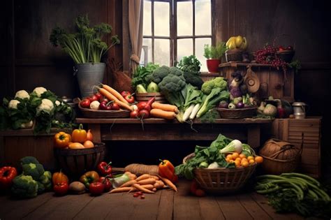 Premium AI Image | A photo of a farm with a basket of vegetables and a ...