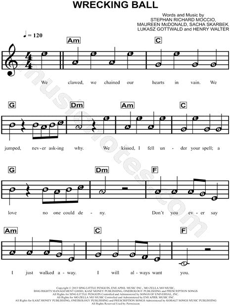 Miley Cyrus "Wrecking Ball" Sheet Music for Beginners in A Minor ...