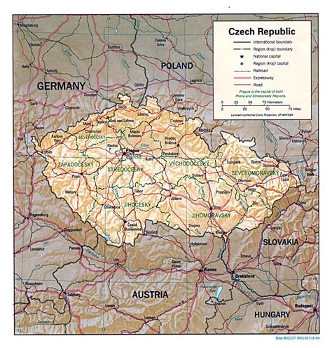 Large political and administrative map of Czech Republic with relief ...