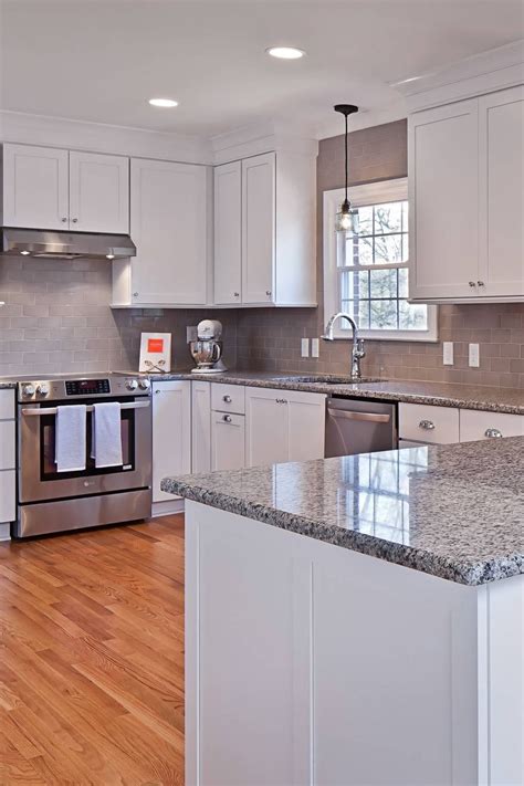 Azul Platino Granite Counters White Shaker Cabinets Gray Subway ...