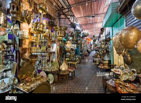 Shops selling metalwork in the souks, Medina district, Marrakech ...