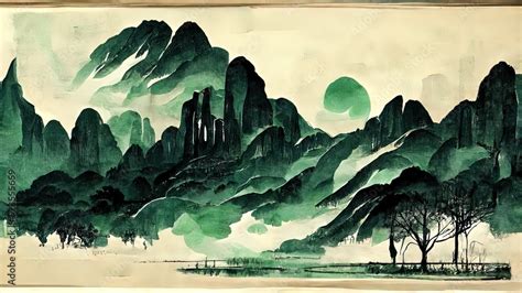 Green and black traditional chinese ink wallpaper. 4K painting, brush ...