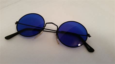 Vintage Round Blue Lenses Lennon style Sunglasses Black -Tone/ John Lennon Groovy Blue Round ...