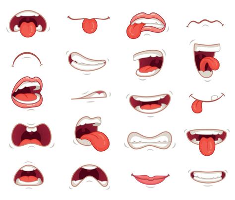 Funny mouths. Facial expressions, cartoon lips and tongues. Hand drawing laughing show tongue ...