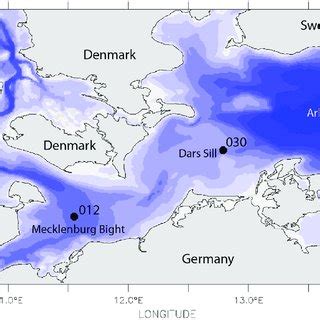 Bathymetry (water depth in m) of the southern Baltic Sea with three... | Download Scientific Diagram