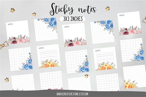 Sticky Notes Printable Planner Sticky Notes Instant Download Planner Cards Floral Design 3x3 ...