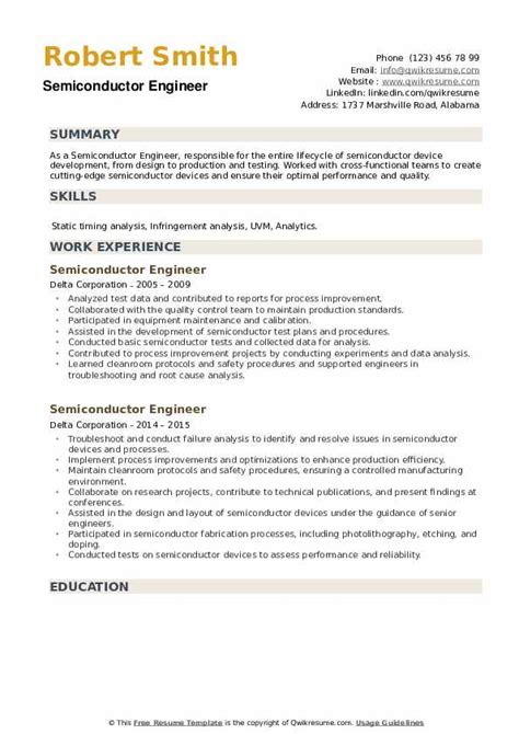 Semiconductor Engineer Resume Samples | QwikResume