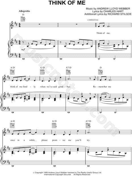 Andrew Lloyd Webber "Think of Me" Sheet Music in D Major (transposable ...