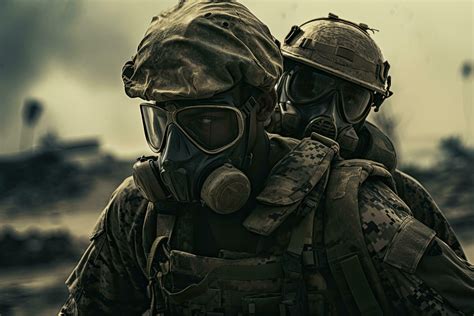 Portrait of two special forces soldiers in military uniform and gas mask, A military soldier ...