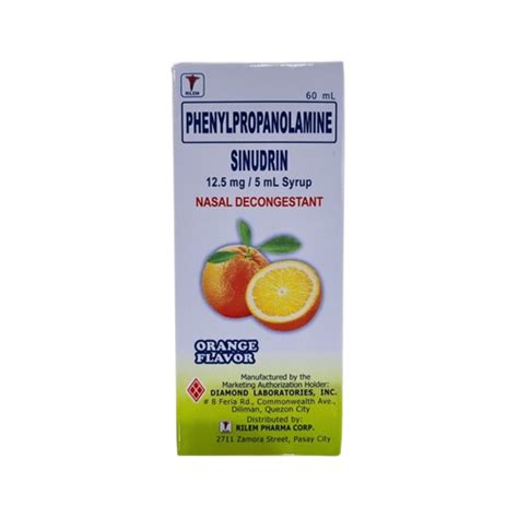 SINUDRIN Phenylpropanolamine Hydrochloride 12.5mg / 5 mL Syrup 60mL ...