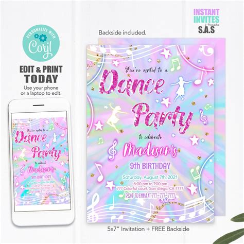 Dance Invitation, Dance Party Invites, Instant Download Dance Birthday Invitations, Dance701 - Etsy