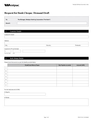 Fillable Online Request for Bank Cheque/Demand Draft - Westpac Fax ...