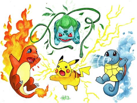 Pikachu, Bulbasaur, Charmander, and Squirtle by Bewildermunster on DeviantArt