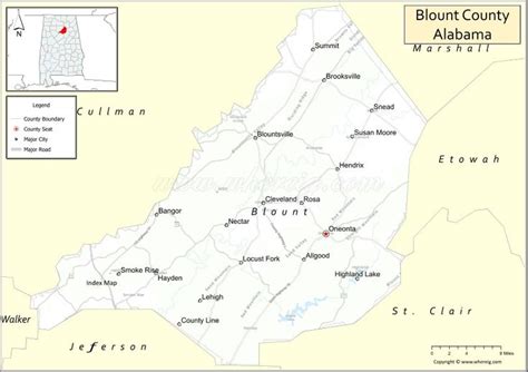 a map showing the location of blount county, alabama and surrounding areas in red