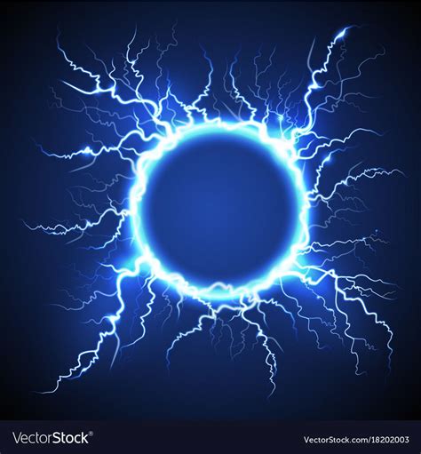 a bright blue circle with lightnings in the center on a dark background ...