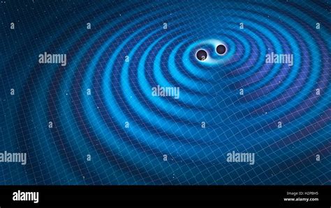 Gravitational waves. Illustration of two black holes orbiting each ...