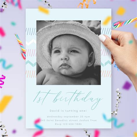 Sleeping Elephant Blue Baby 1st Birthday Invitation Template Online Maker