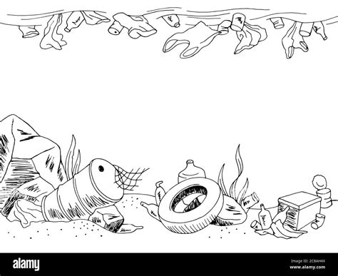 Trash underwater ecology problem graphic black landscape sketch illustration vector Stock Vector ...