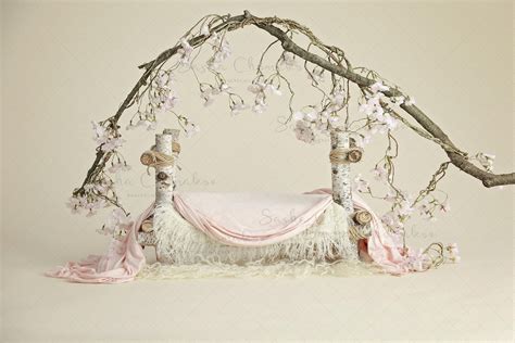 Digital Backdrop Background Newborn Baby Girl Bed Peach Cherry Blossoms ...