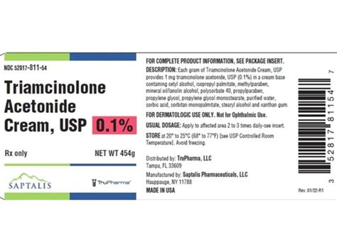 Triamcinolone Acetonide Cream, 0.1%, 454 g, Saptalis (Rx) Ingredients and Reviews