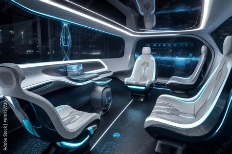 Black driverless car interior with futuristic dashboard for autonomous ...