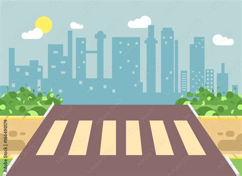 Vector illustration of roadside cartoon landscape with roadway, road, sidewalk and empty ...