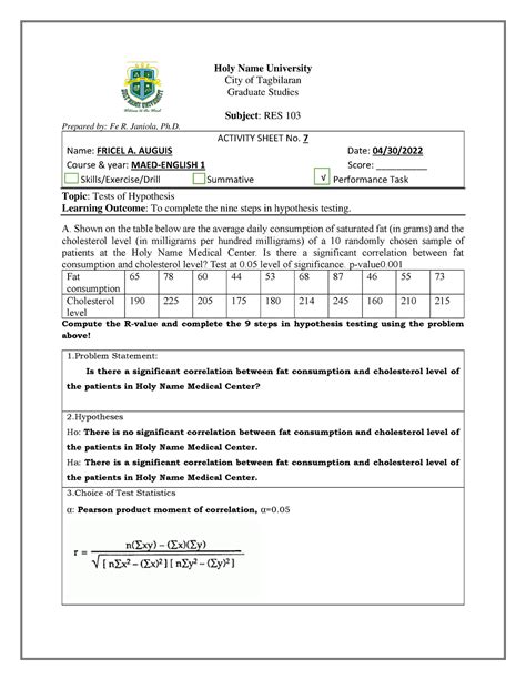 Inferential Statistics - Hypothesis Testing Activity with Answers - Holy Name University City of ...