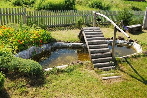 Small Garden Pond with Wooden Bridge Stock Image - Image of human, front: 21998829