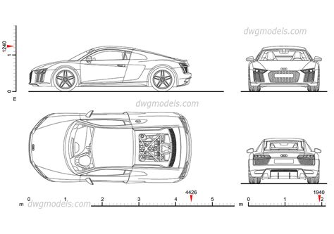 Audi R8 (2015) drawings, AutoCAD blocks download, dimensions, 2D model