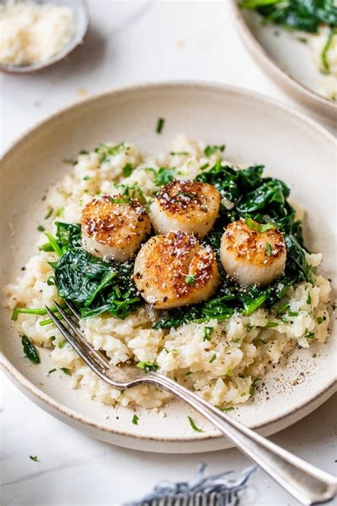 Scallops over Wilted Spinach Parmesan Risotto – HouseholdCooking.com